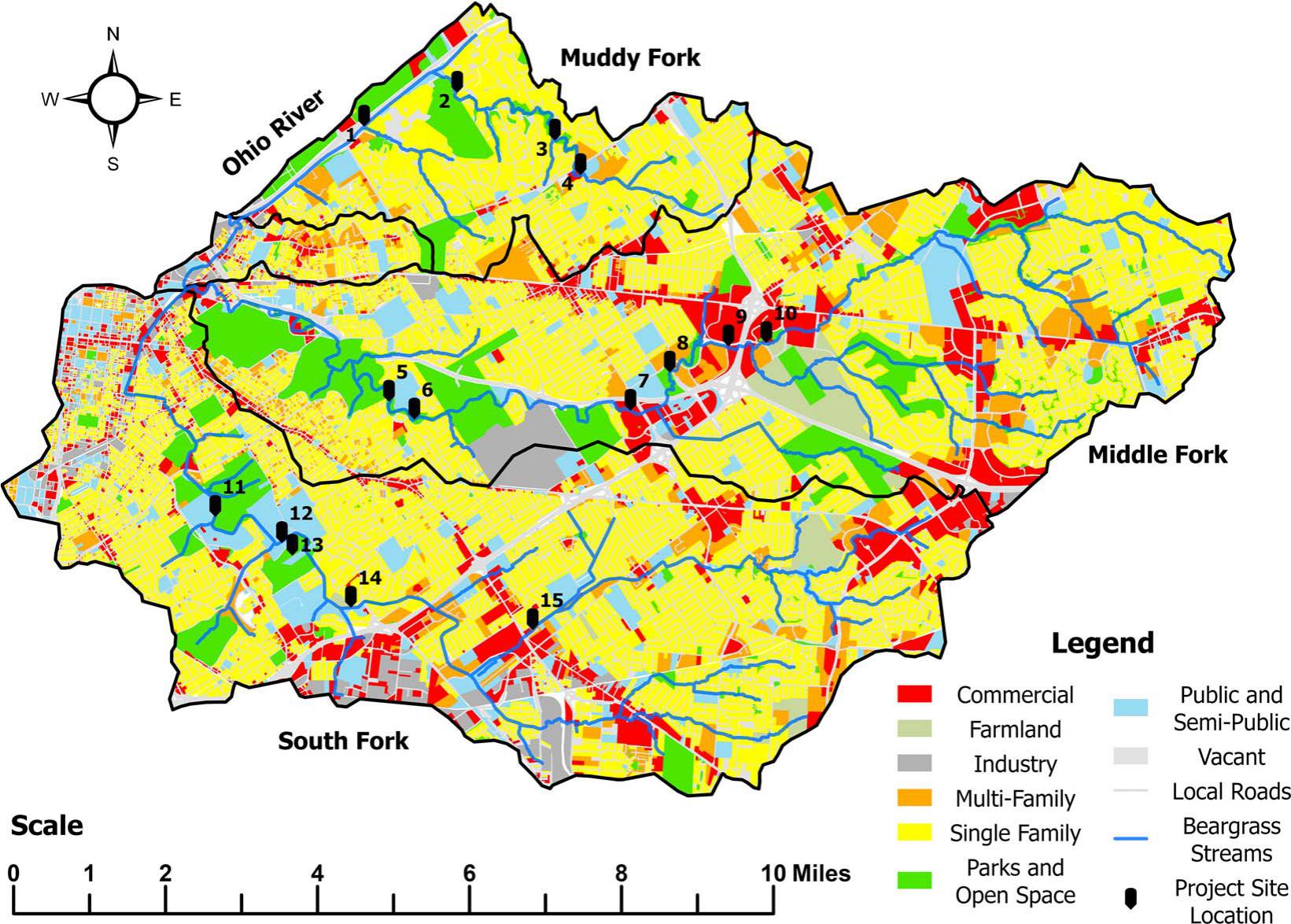 Land Use map of Beargrass Creek watershed, color coded according to the legend